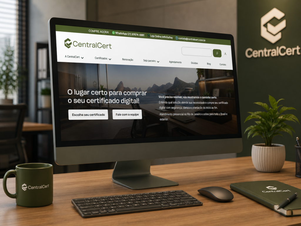 Site da CentralCert sobre certificado digital para empresas e profissionais